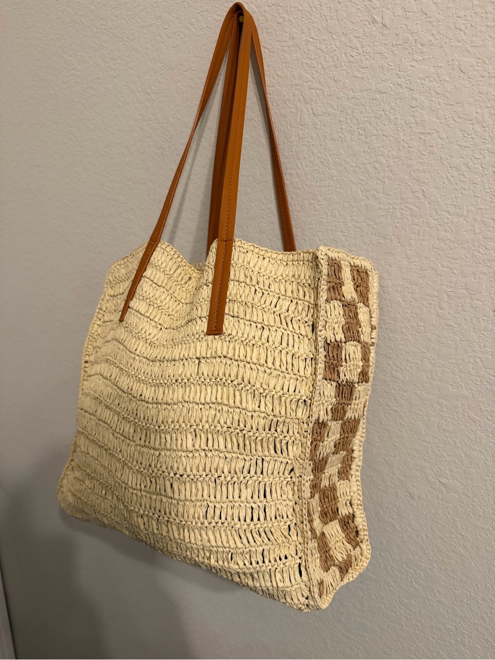 Neutral Woven Straw Tote with Tan Handles